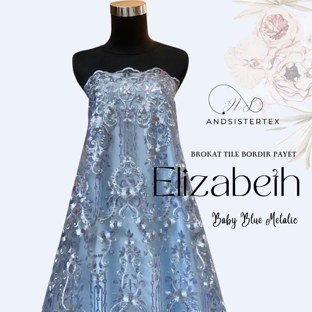 Bahan Kain Kebaya Mewah Brokat BOrdir Tile Payet Elizabeth Warna Baby Blue Metalic