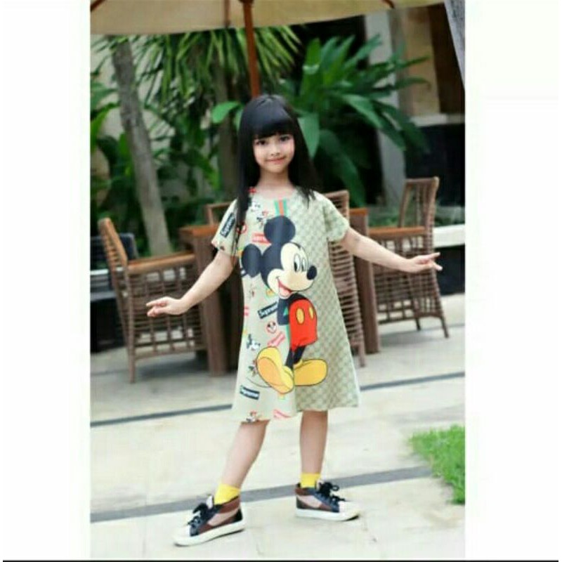 Dress Anak Gucci Mickey Gaun Anak Perempuan / Daster Anak Perempuan Printing / Baju Anak Printing