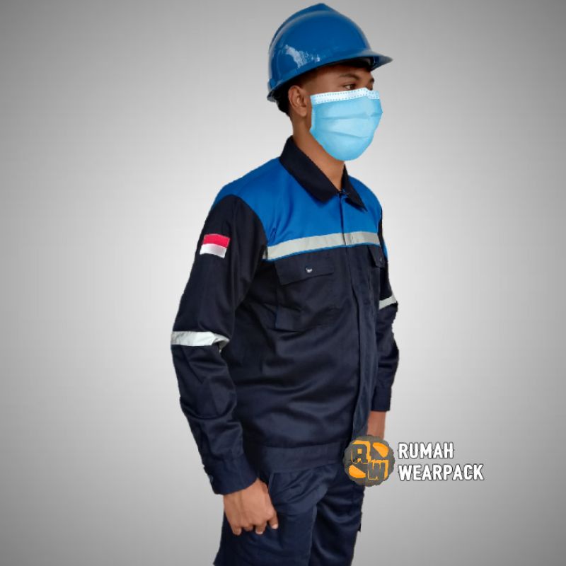 Baju Kerja/ Wearpack Proyek/ Seragam Kerja Atasan Navy Kombinasi Biru BCA