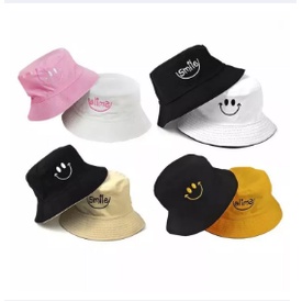 Fashion Hat Topi Bucket Bordir Smile Samping Pria Wanita Terkini Warna Bolak Bolak Premium Korean St