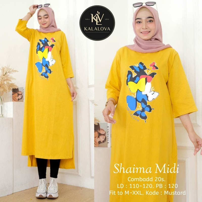 Shaima Midi Dress Muslim Long Dress Jumbo Baju Kaos Wanita Korean Style Ootd Kekinian Matt Combed Aplikasi Sablon