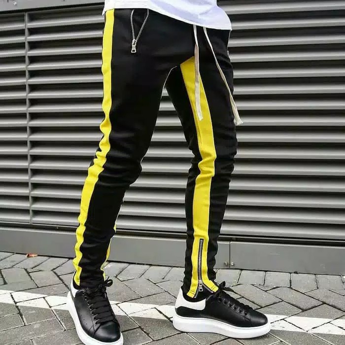 ZORKA Celana Panjang Pria Hypebeast / Celana Panjang Pria Training Polos Basic Jogger Pant / Joger Pants / Celana Trening Pria Kekinian Terbaru Korean Style / Celana Trening Hitam List Kuning