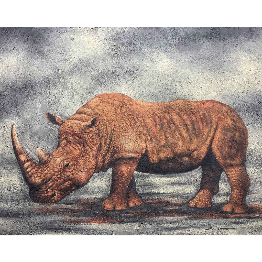 Jual lukisan badak asli buatan tangan,cat akrilik pasir diatas kanvas