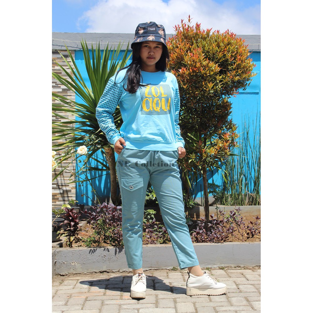 Pantaloni Cargo Dellina Skirt / Celana Panjang Wanita Jogger Slim Fit Warna Biru Wardah