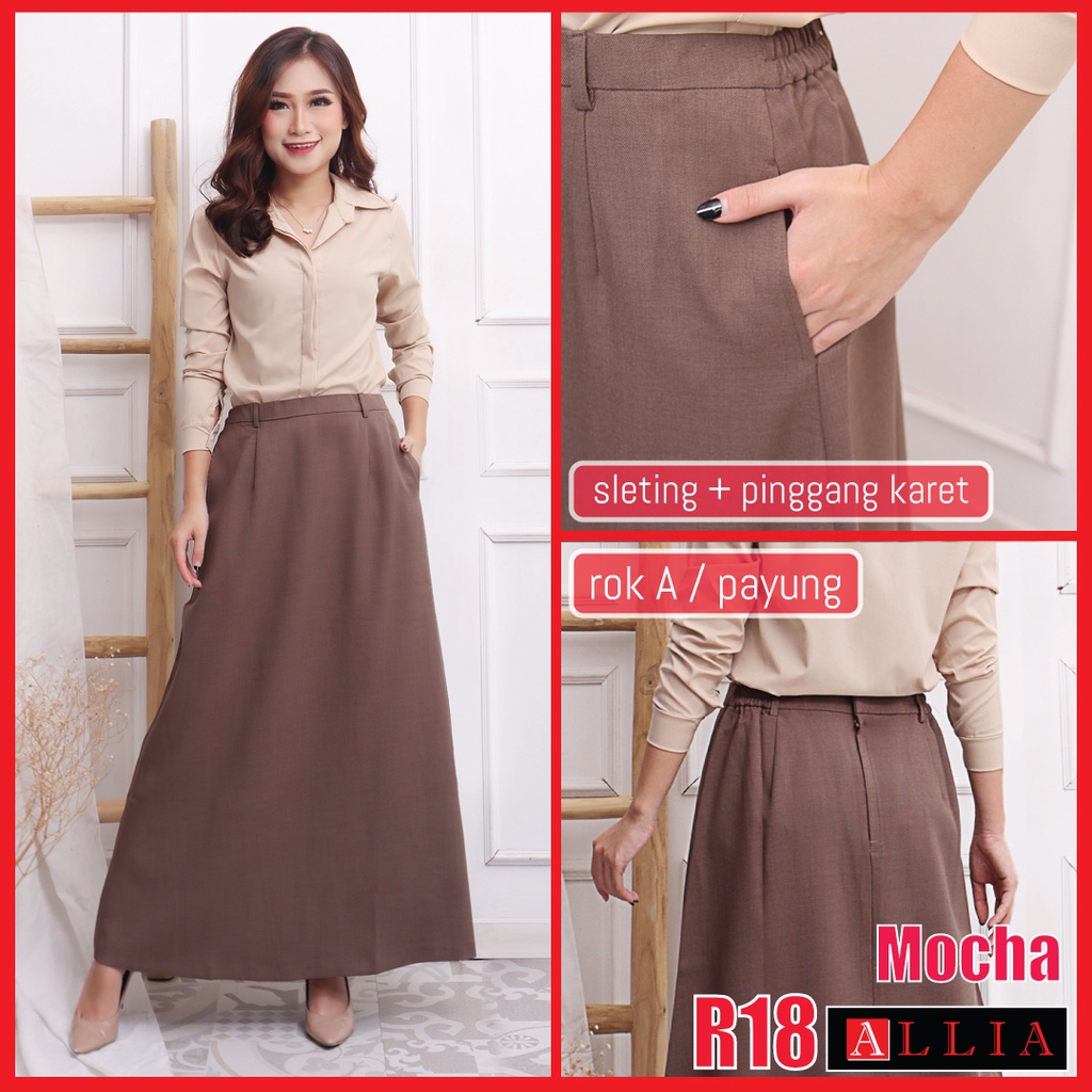 ALLIA R18 - Black M - 7L - Rok A Wanita - Rok Panjang Wanita - Rok kerja wanita - ROK HITAM-R18 ROK A - MOCHA