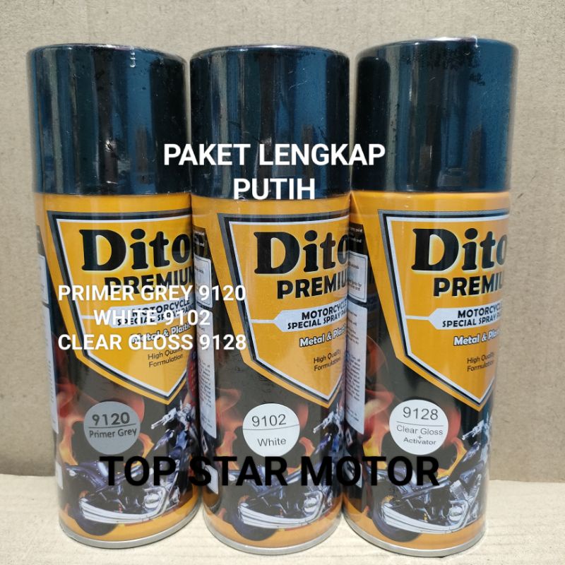 Pilok Paket Lengkap Cat Diton Premium Primer Grey 9120 White 9102 Clear Gloss 9128 400cc.. Pilok Paketan White Cat Semprot Diton Premium 400cc