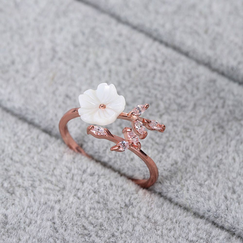 WONDERFUL Elegant Opening Ring Delicate Rose Gold Shell Flower  Fashion Women Girls Jewelry Adjustable Size Zircon Crystal Leaf