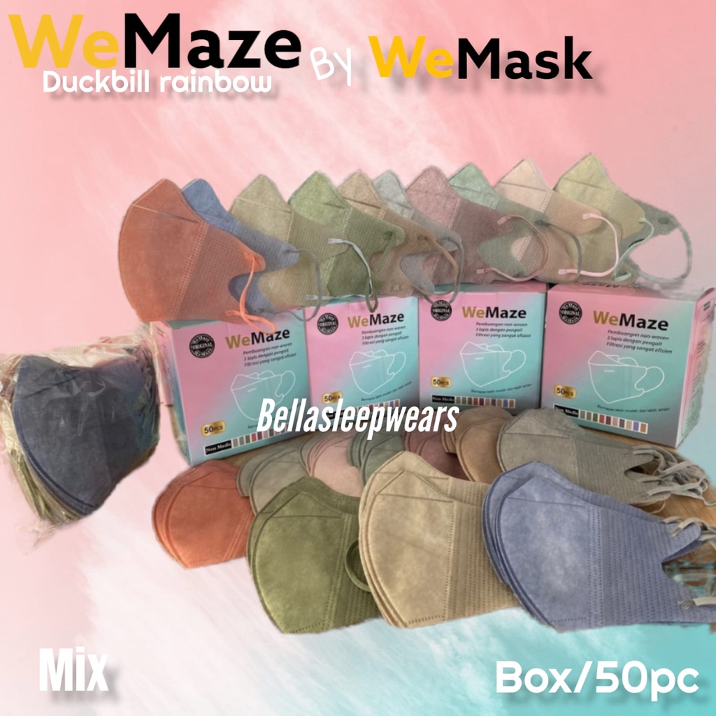 PROMO MURAH WEMASK WEMAZE~ MASKER DUCKBILL WEMASK BOX ISI 50  BARU 3PLY GARIS POLOS HITAM PUTIH RAINBOW MIX FACEMASK