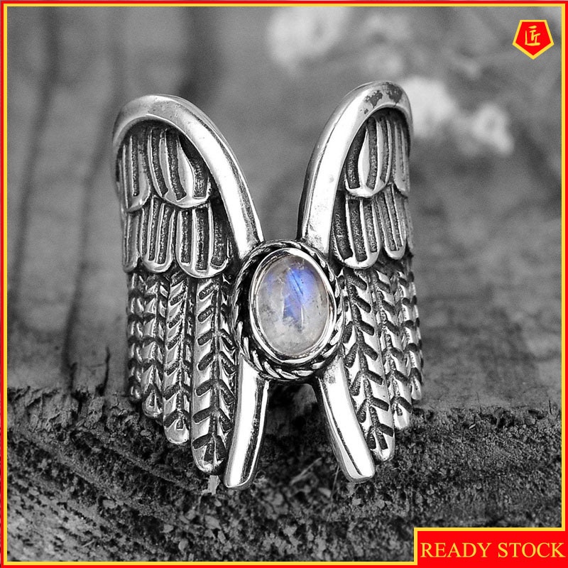 [Ready Stock]Retro Personalized Angel Wings Moonstone Ring