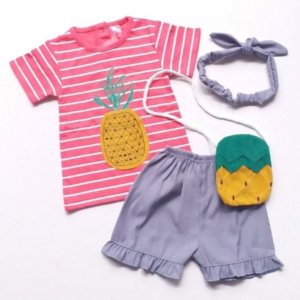 Baju Setelan Anak Perempuan Kaos Celana Pendek Tas Bandana Nanas