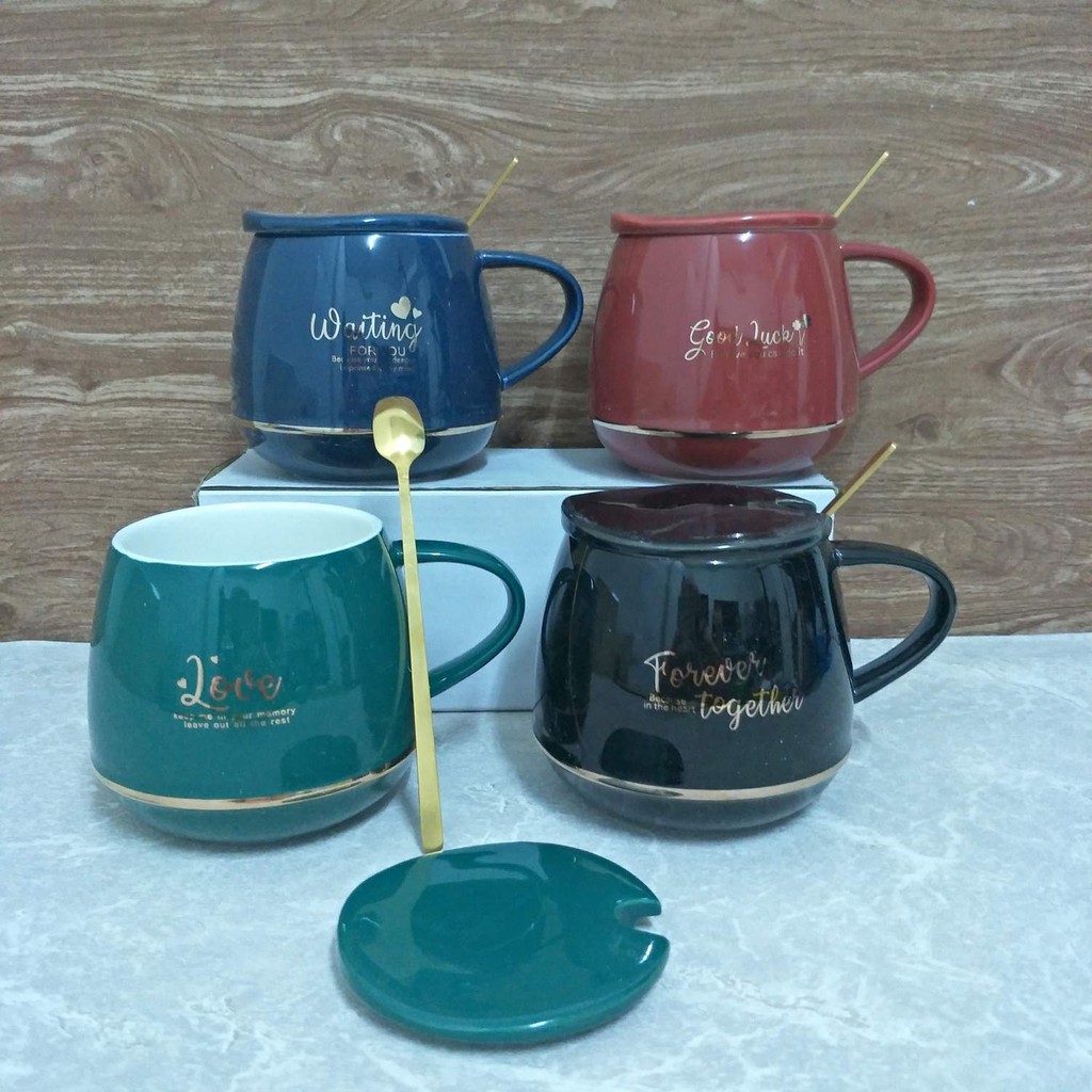 KS9394 Mug Keramik Polos Tutup Sendok Stainles