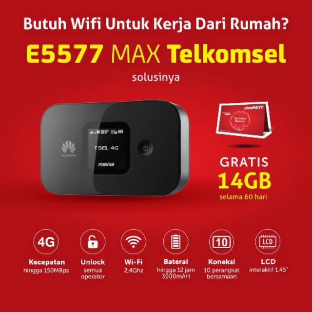 Mifi Modem Huawei E5577 4G LTE Free Telkomsel 14GB [MAX]