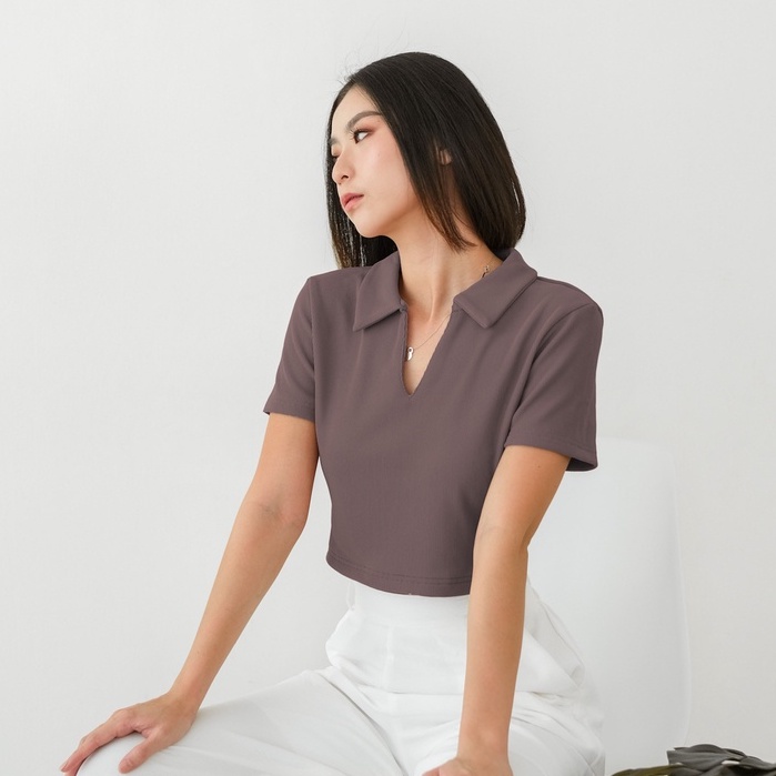 [TAVIA] JIRO KNIT POLO / BAJU CROP WANITA / KAOS CROP WANITA-Cacao