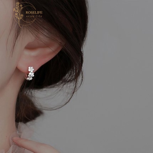 Roselife S925 Silver Camellia Flower Elegant Hoop Circle Earrings Crystal Ear Jewelry 1 Pair for All Occasions