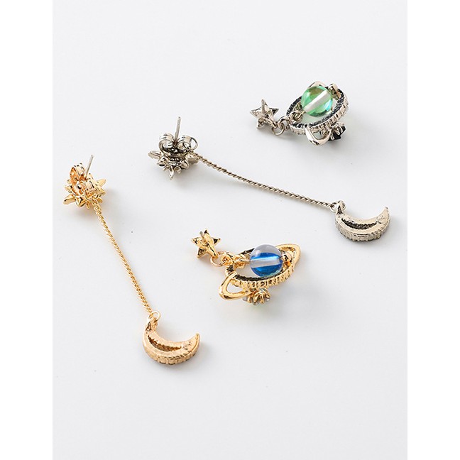 LRC Anting Tusuk Fashion (three Sets) 925 Silver Studded Diamond Star Moon Planet Asymmetrical F8130