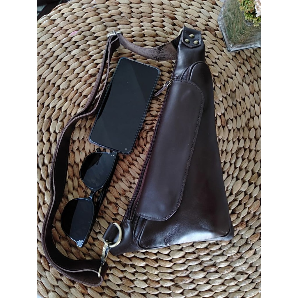 Waistbag Kulit Pria Asli Garut Papirut Model Sling Bag Warna Coklat