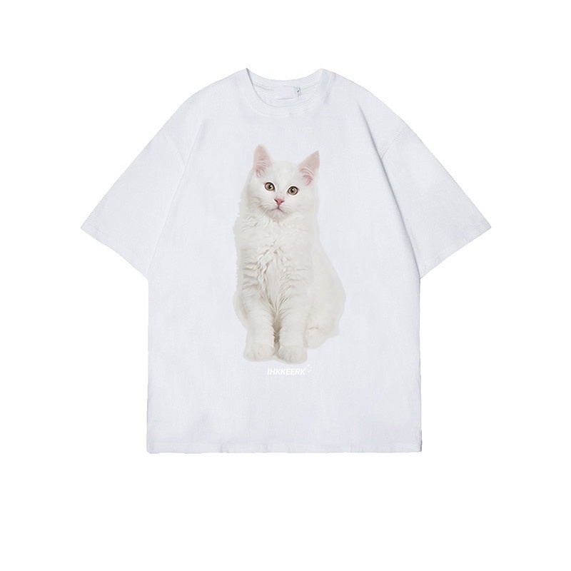 Korean Style Cat Kaos Putih Atasan Wanita Lengan Pendek Oversize Printed T-shirt Baju Wanita Kekinian