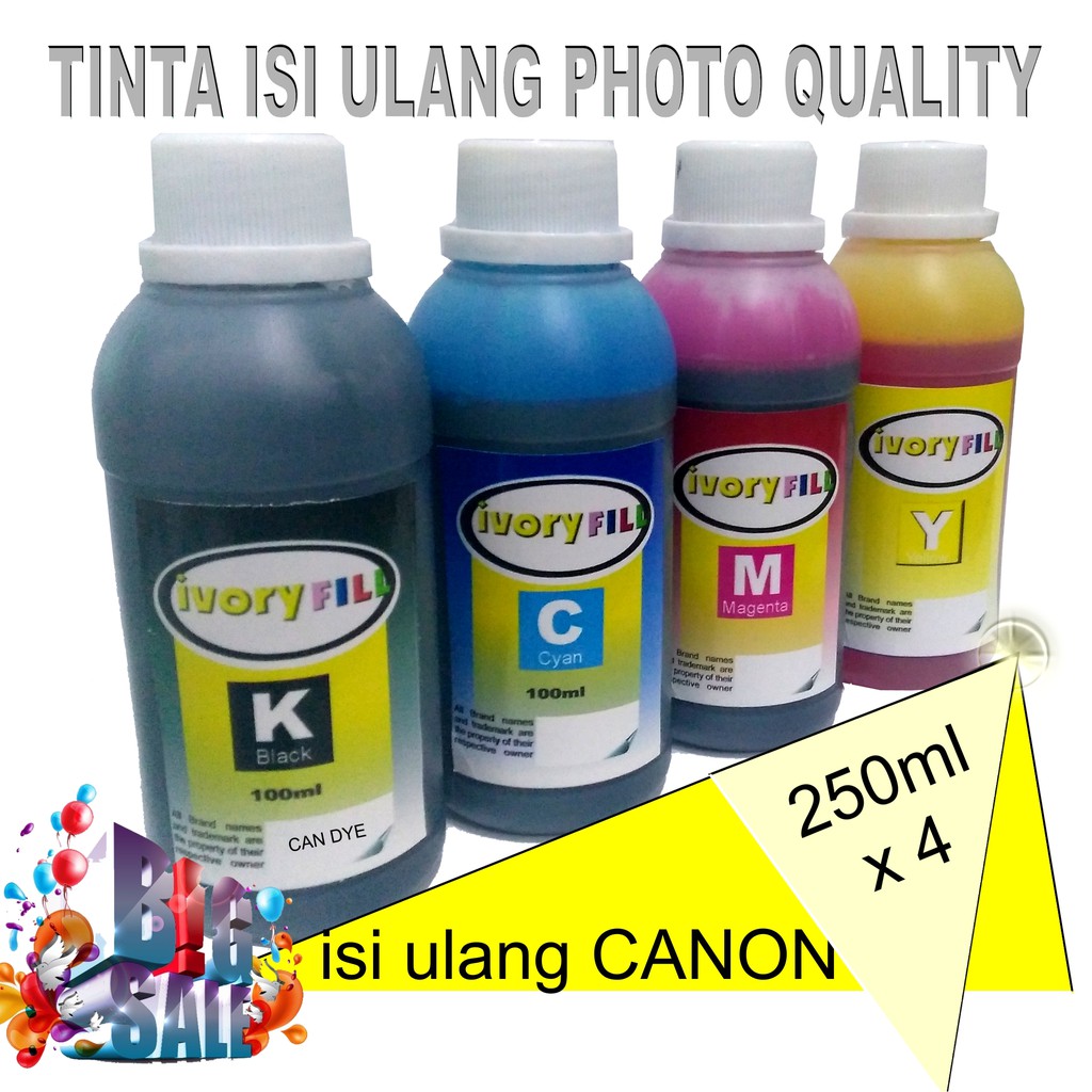 paket promo tinta canon 4 warna 250ml CMYK ivoryfill infus printer MG2570 MP258 IP2770