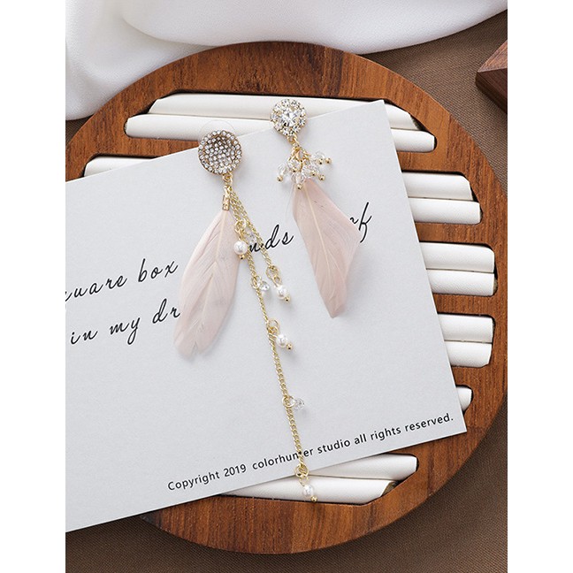 LRC Anting Tusuk Fashion 925 Silver Needle Feather Rhinestone Chain Tassel Earrings D20787
