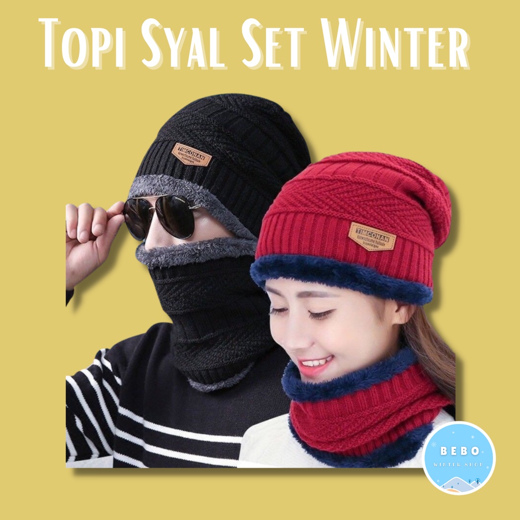 Topi kupluk dan Syal bulu musim dinginWinter All size hat scarf