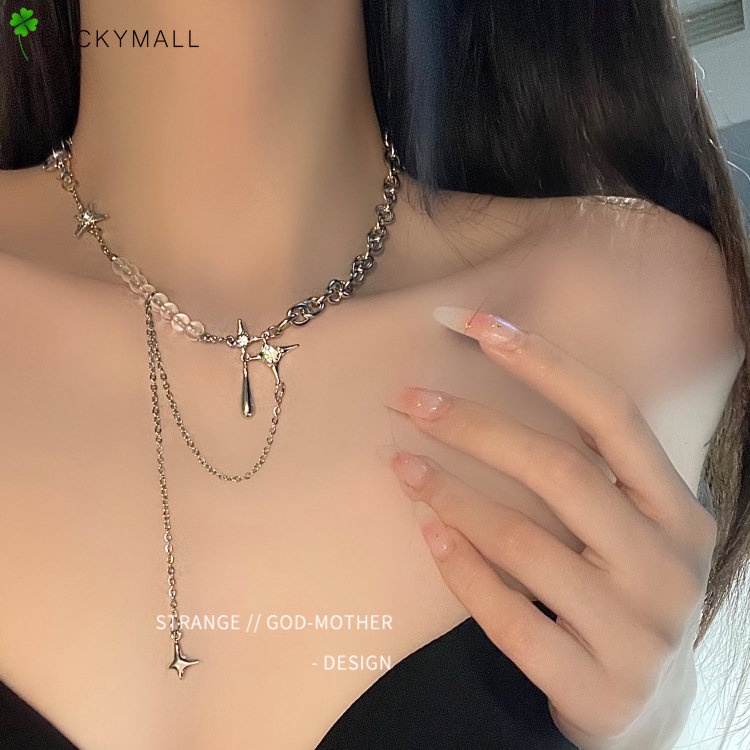 Kalung Choker Rantai Silver Hias Manik-Manik Kristal Bintang Untuk Wanita