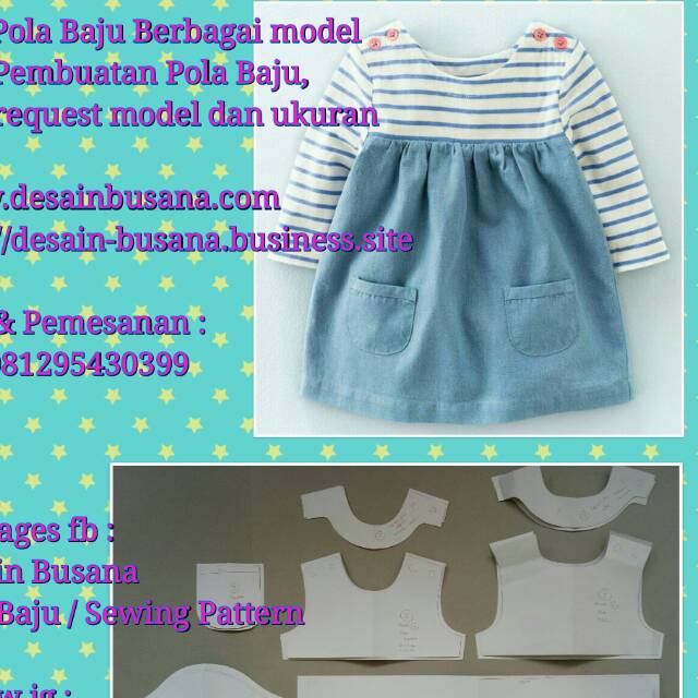 Pola produksi dress anak kombinasi kaos dan denim