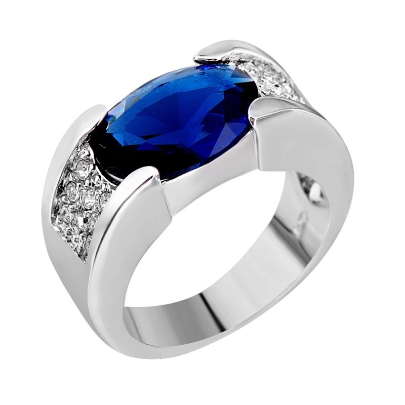 Cincin Batu Permata Blue Saphire Cubic Zirconia Safir Biru Royal Ring Perak Elegan Mewah Minimalis