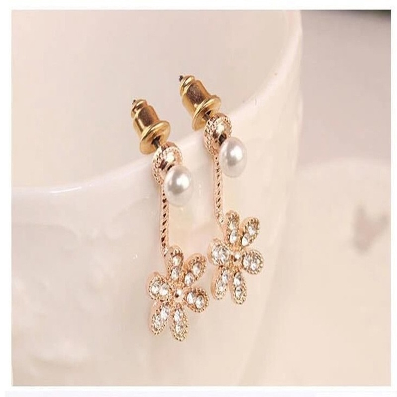 korea Perak Rotating Zircon Earring Bunga Mutiara Drop Anting untuk Wanita Kristal Anting Pernikahan-5
