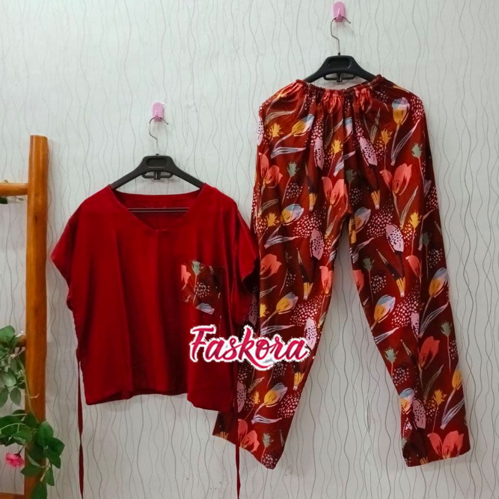 Set Wanita Kekinian Jumbo Murah Piyama Rayon Premium Lengan Pendek Baju Tidur Wanita Dewasa Tulip