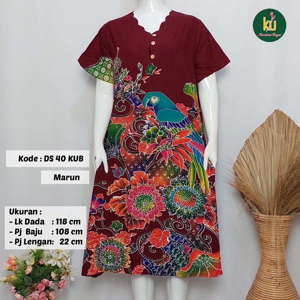 COD DS40 KUB | Daster Batik Kencana Ungu Asli Label Biru Ukuran Jumbo | Baju Santai Tidur Wanita Dewasa Kancing Depan Busui Friendly Motif Terbaru-Marun D
