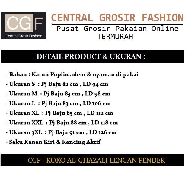 Koko Al-Ghazali Lengan Pendek - Central Grosir Fashion (CGF) - Ukuran S-3XL - Matt Katun Poplin