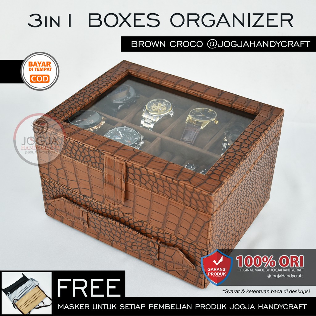 Premium Brown croco - Box Kotak Jam Tangan Jumbo isi 6 mix Tempat Perhiasan Susun