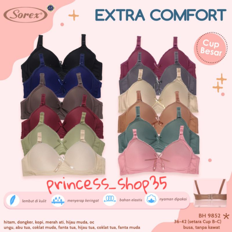 Bra Sorex 9852 Tanpa Kawat Busa Sedang Kait 2 Setara Cup B Bh Sorex Extra Comfort