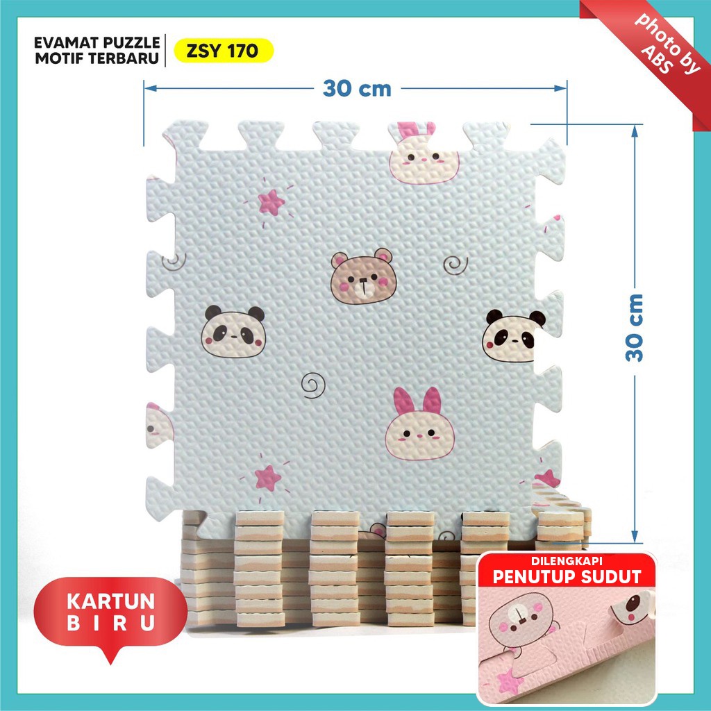 (ABS) ALAS EVAFOAM PUZZLE MOTIF BUNGA PANDA 30 X 30 X 1CM-panda biru