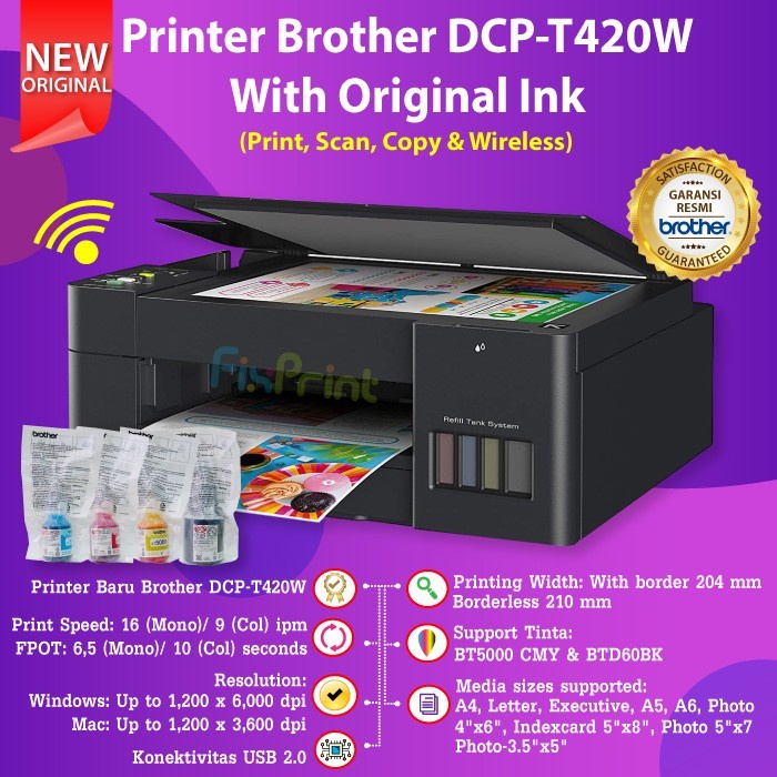 Printer Brother DCP-T420W Print Scan Copy WiFi Wireless Printer T420 Tinta BTD60bk D60Bk BT5000