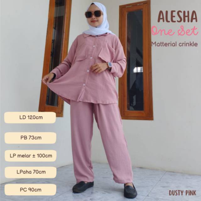 Alesha Oneset bahan rayon crinkle Airflow Ld120cm setelan dewasa tangan panjang celana panjang polos