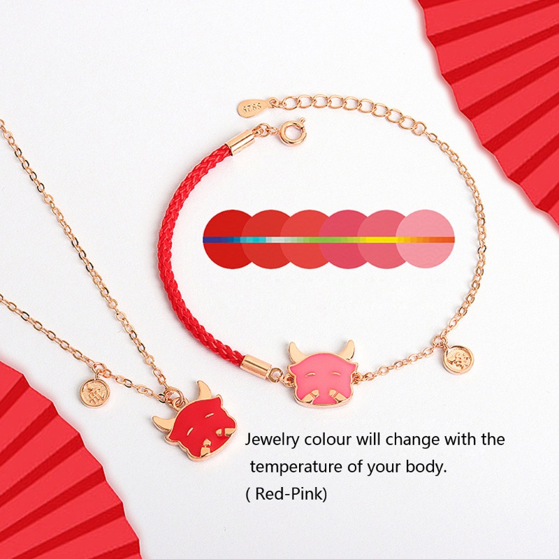 SIY  2021 Color Change Mood Chinese Ox New Year Lucky Cow Blessing Bracelets Temperature Sensing Cow Pendant Necklace Jewelry