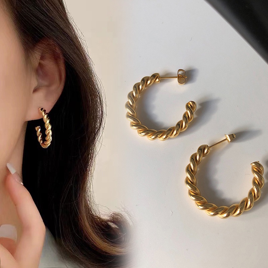 1 Pasang Twist Gaya Anting Bulat Bahan Berlapis Emas Stainless Steel Wanita Perhiasan Fashion S925 Perak Hoop Earrings Stud