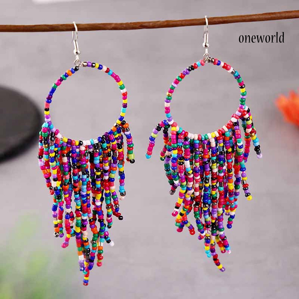 OW# Bohemian Women Beads Tassel Round Dangle Long Hook Earrings Statement Jewelry