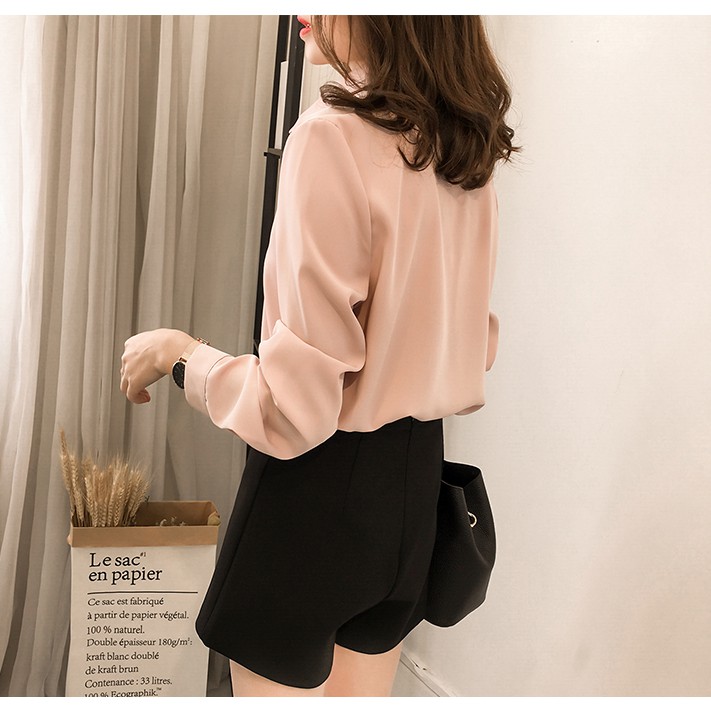Versi Korea sederhana kemeja Lengan panjang wanita Atasan sifon Warna solid Tipis longgar-Pink