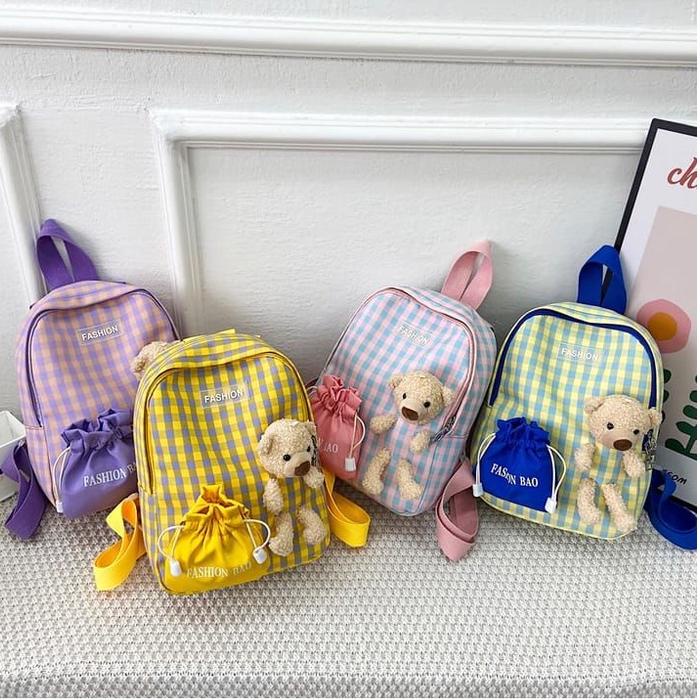 Promo Sekarang [Bos]Tas Ransel Anak Boneka Karakter Teddy Bear &amp; kucing motif kotak-kotak import