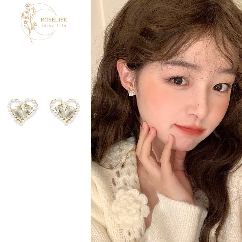 Roselife 1 Pasang Anting Tusuk Silver S925 Wanita Desain Hati Hias Kristal Zircon Mutiara Gaya Korea