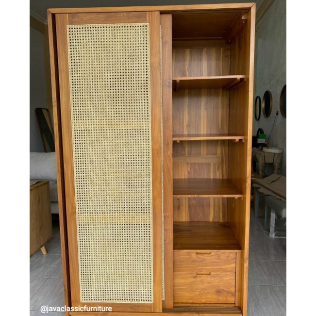 ALMARI PAKAIAN CUSTOM LEMARI SLEDING ROTAN MINIMALIS RETRO VINTAGE CABINET PINTU 2 LACI DALAM NATURAL BAHAN KAYU JATI TUA FURNITURE JEPARA-3