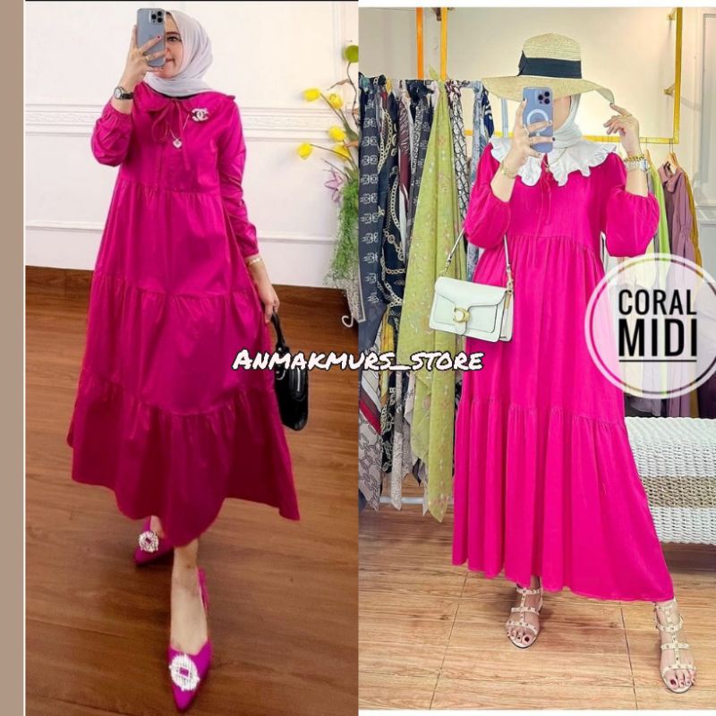 DIORA MIDI DRESS LONG TUNIK RAYON POLOS NURRYN BASIC MIDI DRESS KERAH FULL MIDI FUSHIA WARNA MIDI DR