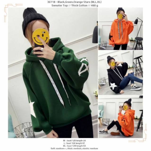 Kaos sweater jumbo bintang kupluk hijau orange hitam