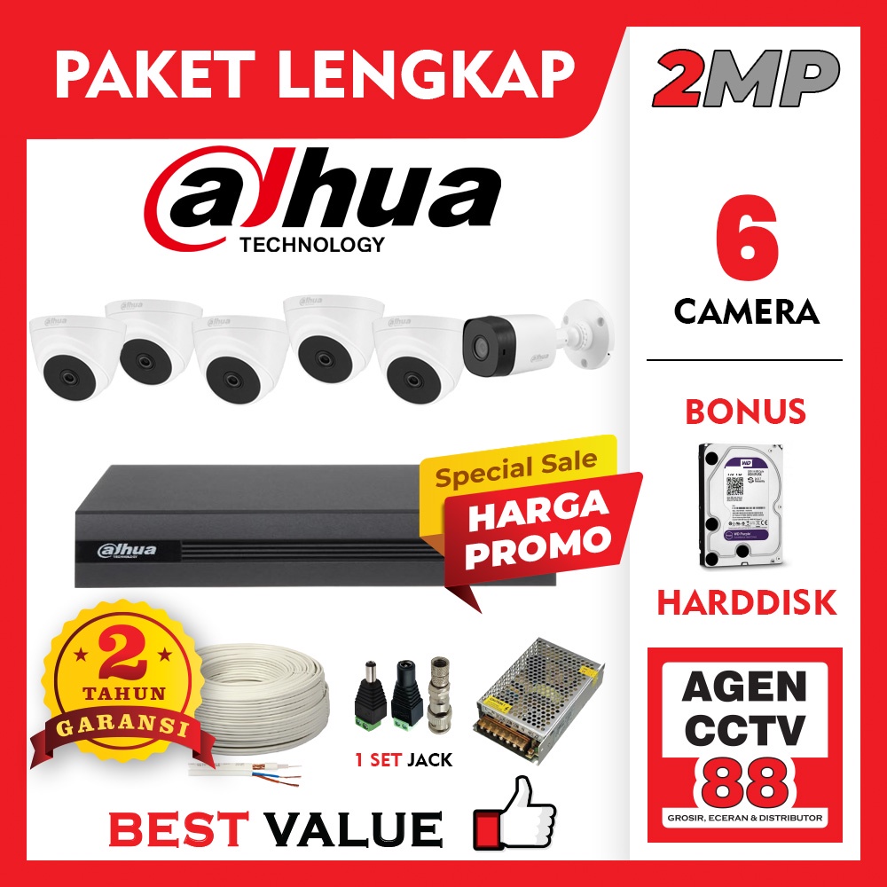 Paket Lengkap CCTV DAHUA 6 Channel Kamera 2MP FREE Kabel +Harddisk HDD