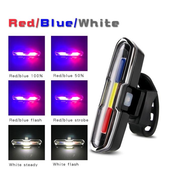 Lampu Belakang Sepeda Led 3 Warna Red-Blue-White 8 Modes Usb Charger