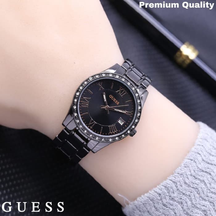 Diskon Jam Tangan Wanita Cewek Guess RMW Rantai Full Black Terlaris