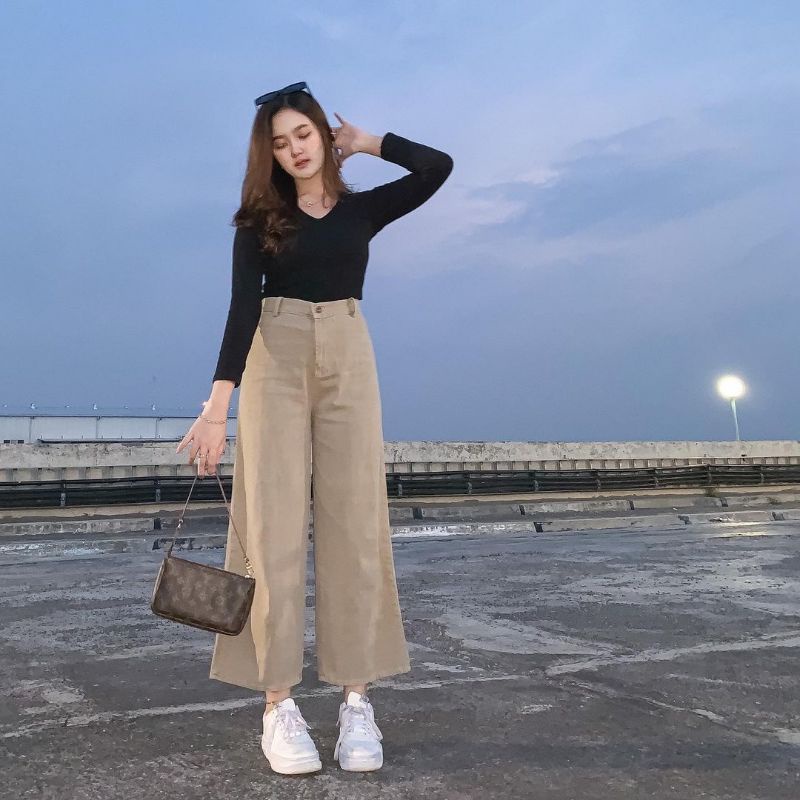 Celana Kulot Jeans Highwaist Polos Warna Hitam Putih dan Mocca