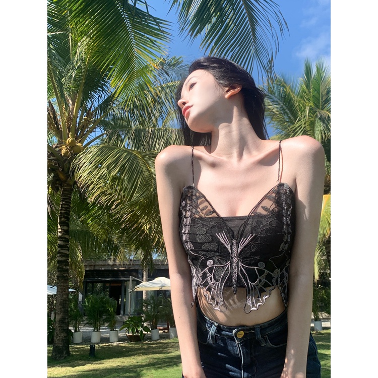 Suhao Tanktop Murni Desire Hot Girl Butterfly Kamisol Rompi Wanita Musim Panas Hitam Desain Rasa Kecil Seksi Pakaian Luar Inner Top